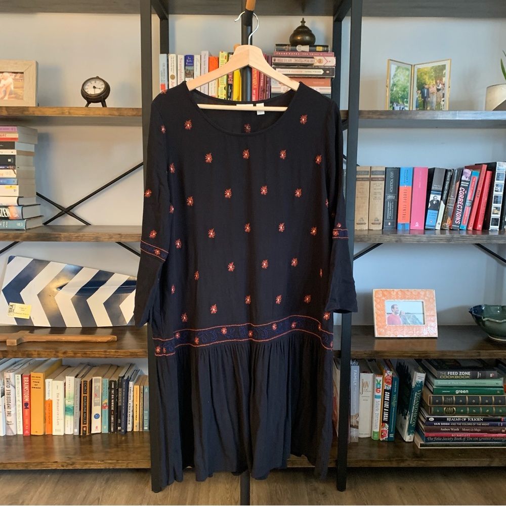 Hinge • embroidered drop waist bell sleeve dress